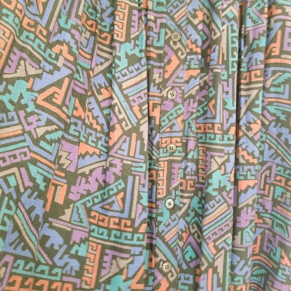 Vintage 80s Adini Geometric Rayon Pleated Soft Midi Button Front Prairie Skirt - Picture 7 of 8